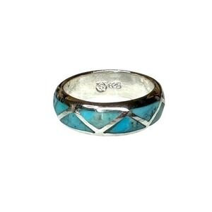 Sterling Silver 925 Genuine Turquoise Inlay Ring Handmade Geometric Band Size 10